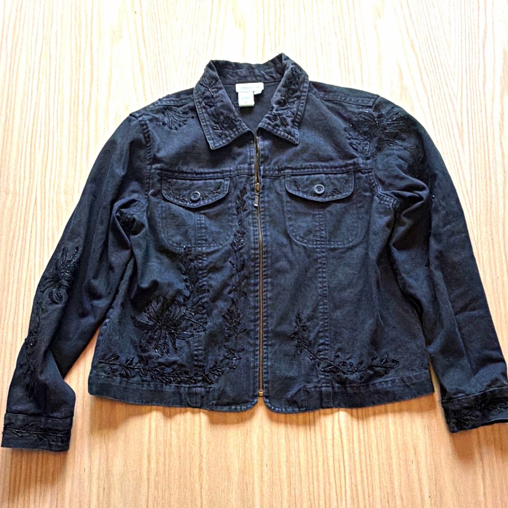 Coldwater Creek Womens PL Black Denim Zip Jacket Floral Embroidered Beaded PL